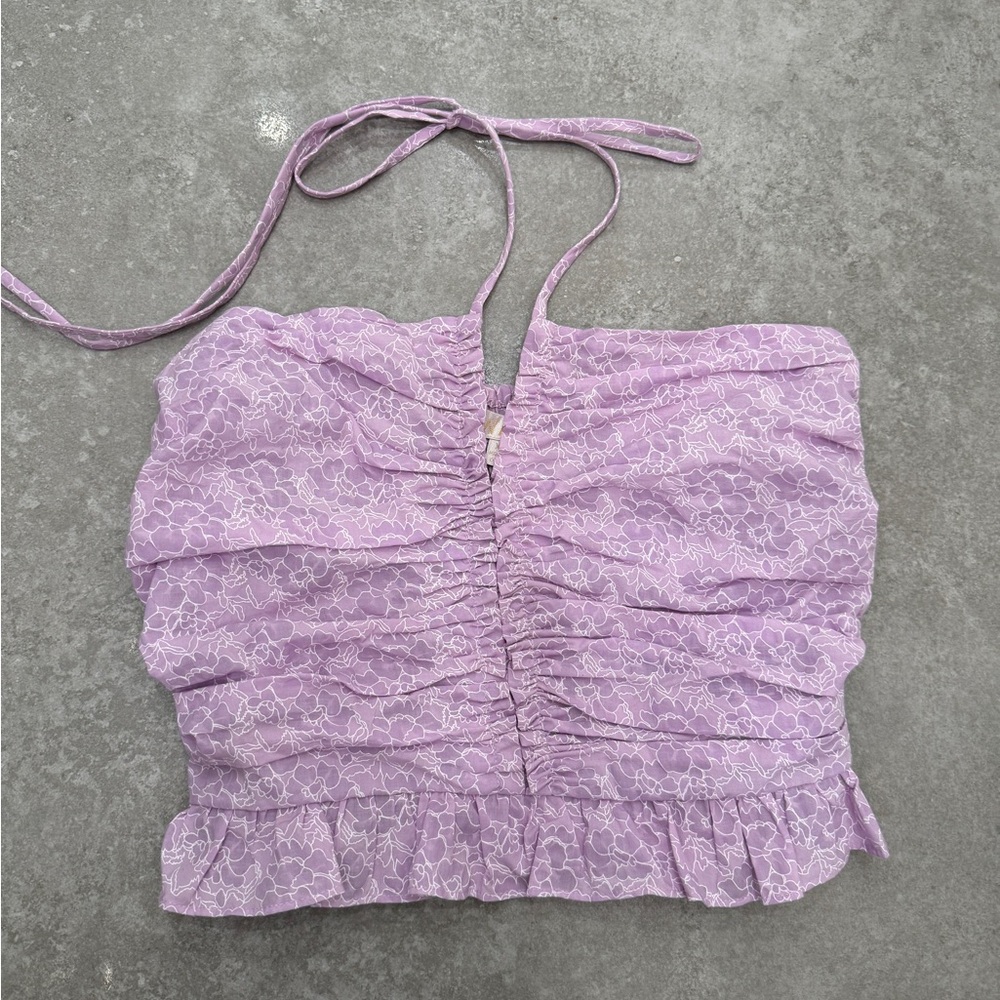 Lilac halter cropped top with white floral design